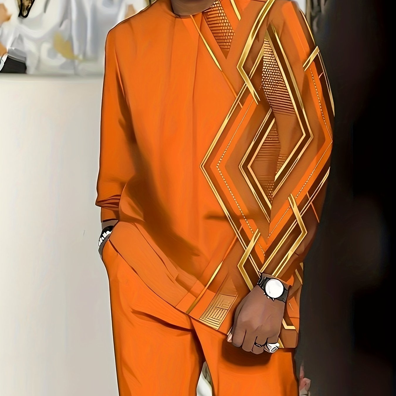 Large Men's Casual Sportswear Set -100% Polyester Fiber Knitted Fabric, Slightly Elastic, Round Neck Long Sleeved Top And Pants, Regular Silhouette, Geometric Pattern Details, PLUS SIZE