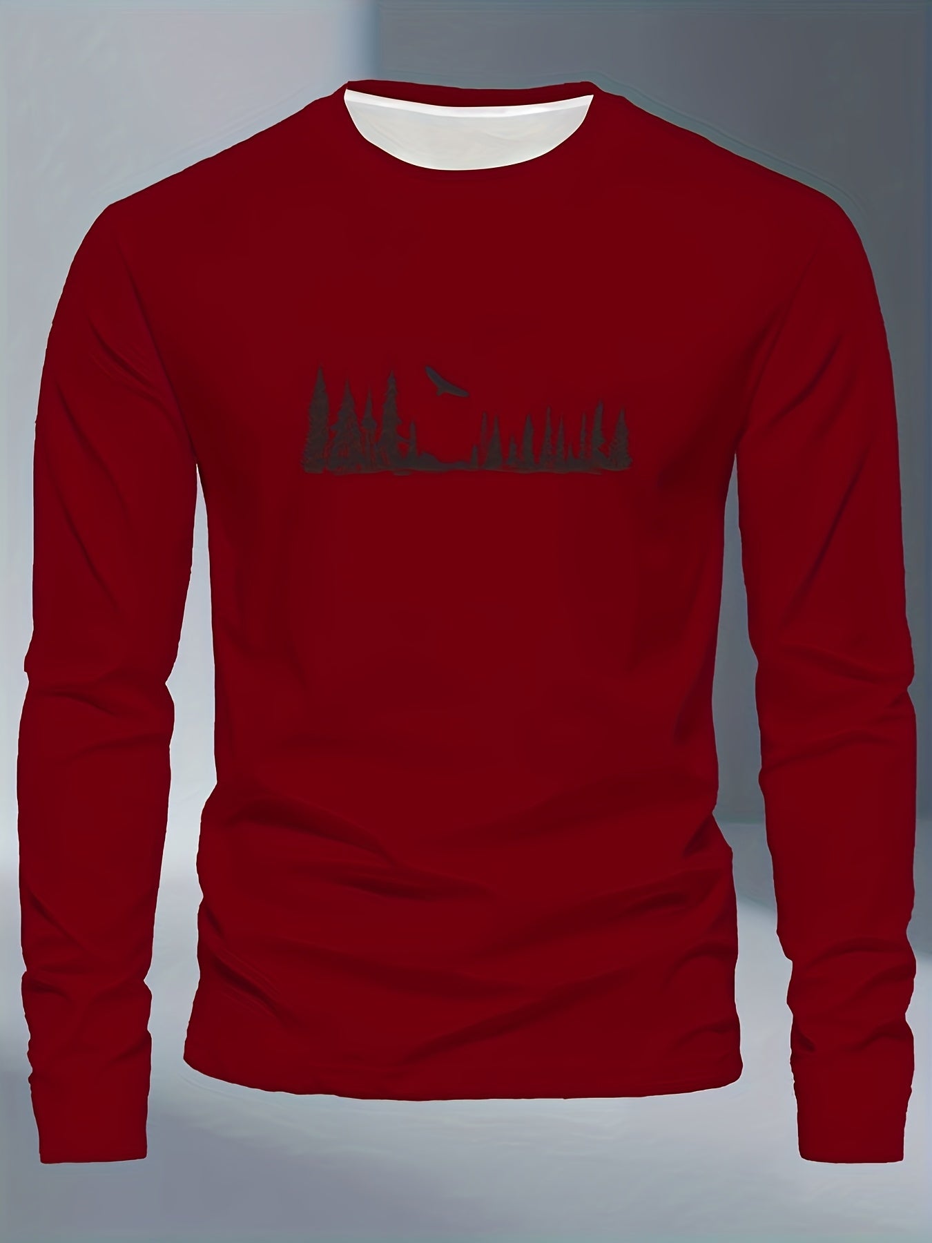 Men's Plus Size Long Sleeve T-Shirt - Navy Blue with Golden Pine Tree & Bird Design - Relaxed Fit Casual Everyday & Formal Wear - Machine Washable Graphic Tee, Durable Fabric Shirt, Versatile Top, Geometric Pattern, Comfortab