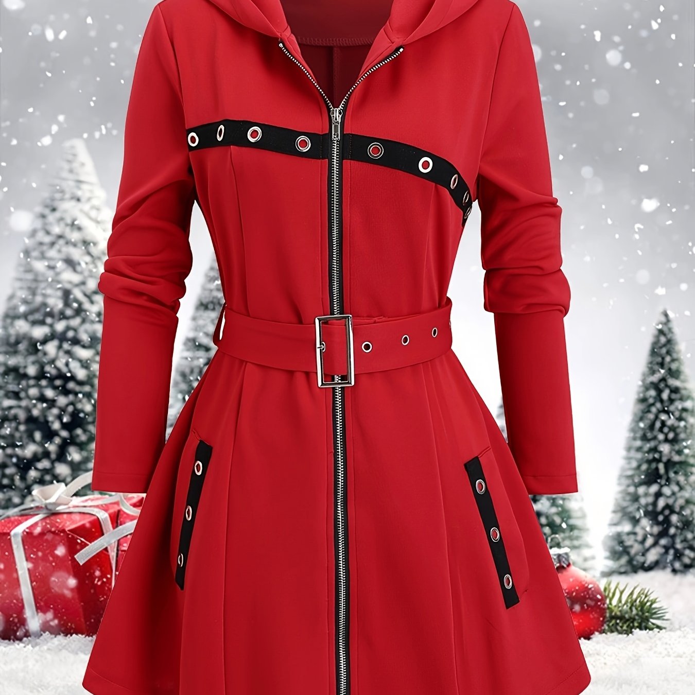 1pc Y2K Style Women'S Hooded Jacket - Solid Color Polyester Knit Fabric with Zipper and Belt Detail, Long Sleeve Punk-Inspired Casual Outerwear for Fall/Winter