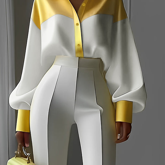 Solid Color Fashionable And Elegant Plain Lantern Sleeve Color-Blocked Shirt for Commuting And Outings LL425