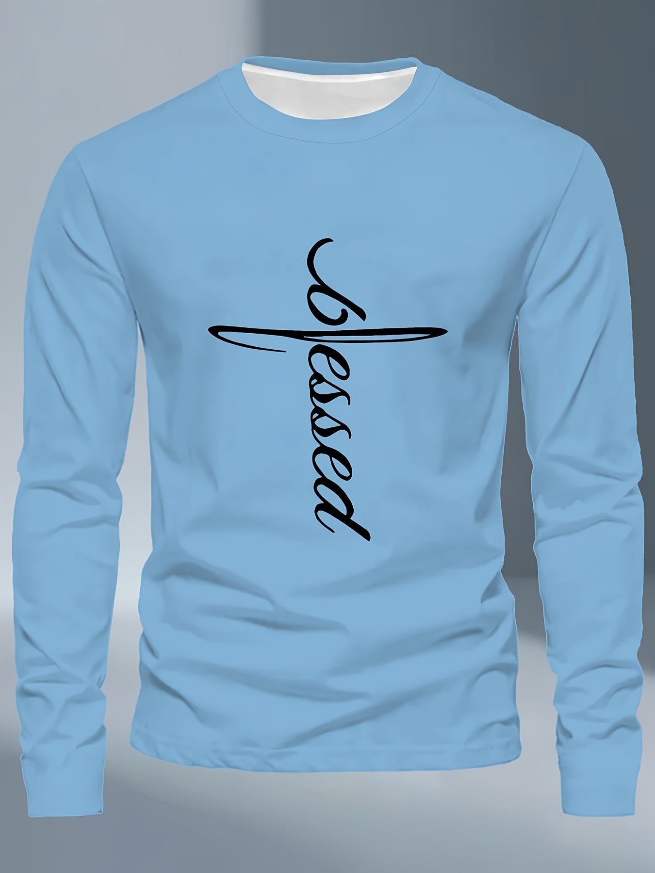 Men's Plus Size Long Sleeve T-Shirt - Dark Gray/Black Blessed Script & Cross - Soft Everyday & Formal Shirt - Machine Washable Casual Top for Religious Events Casual Attire, Event Apparel, Graphic Tee, Comfortable Fit, Comfor