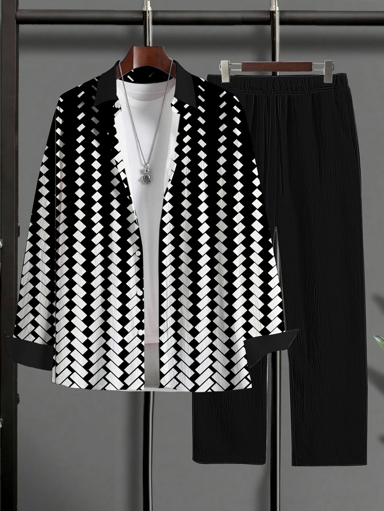 [Plus Size Polka Dot Knit Set] 1set Plus Size Men's Polka Dot Knit Shirt and Pants Set - Polyester Blend with Elastane, Lapel Collar, Button Details, Slight Stretch, Regular Fit