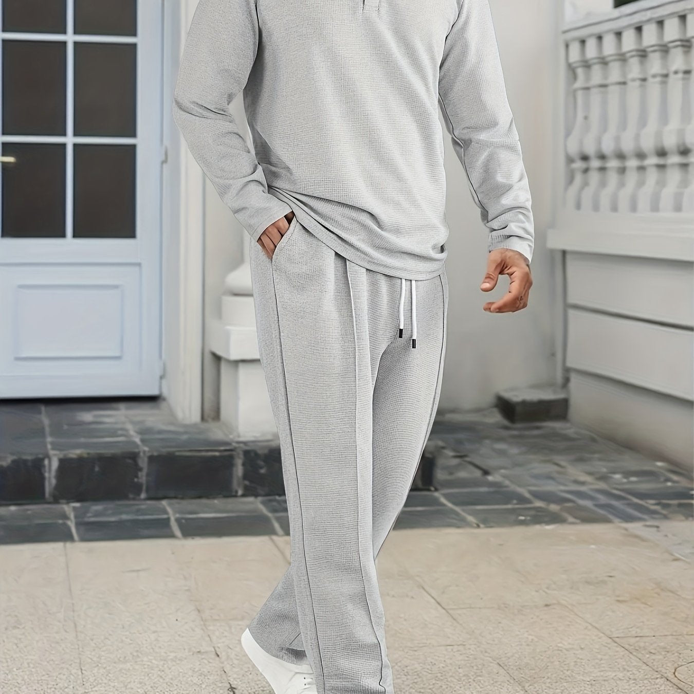 [Comfortable Men's Set] 2pcs Men's Long-Sleeve Shirt and Drawstring Pants Set - Clean, Comfortable, Breathable