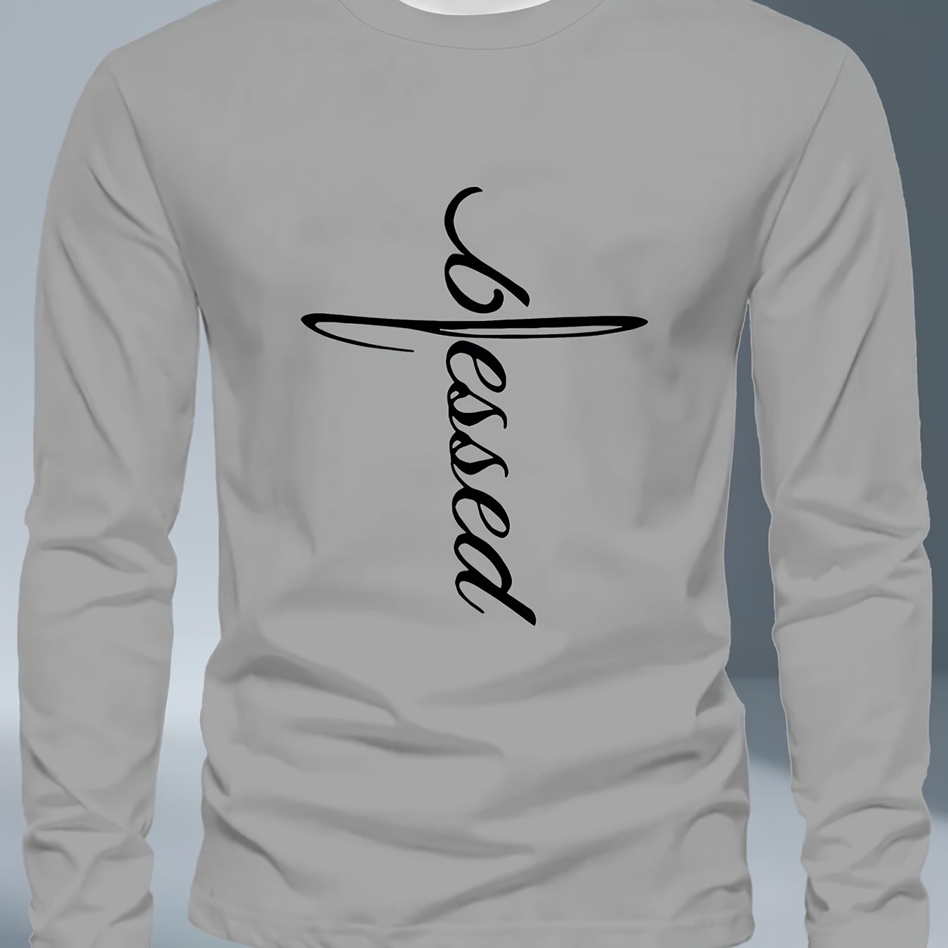 Men's Plus Size Long Sleeve T-Shirt - Dark Gray/Black Blessed Script & Cross - Soft Everyday & Formal Shirt - Machine Washable Casual Top for Religious Events Casual Attire, Event Apparel, Graphic Tee, Comfortable Fit, Comfor