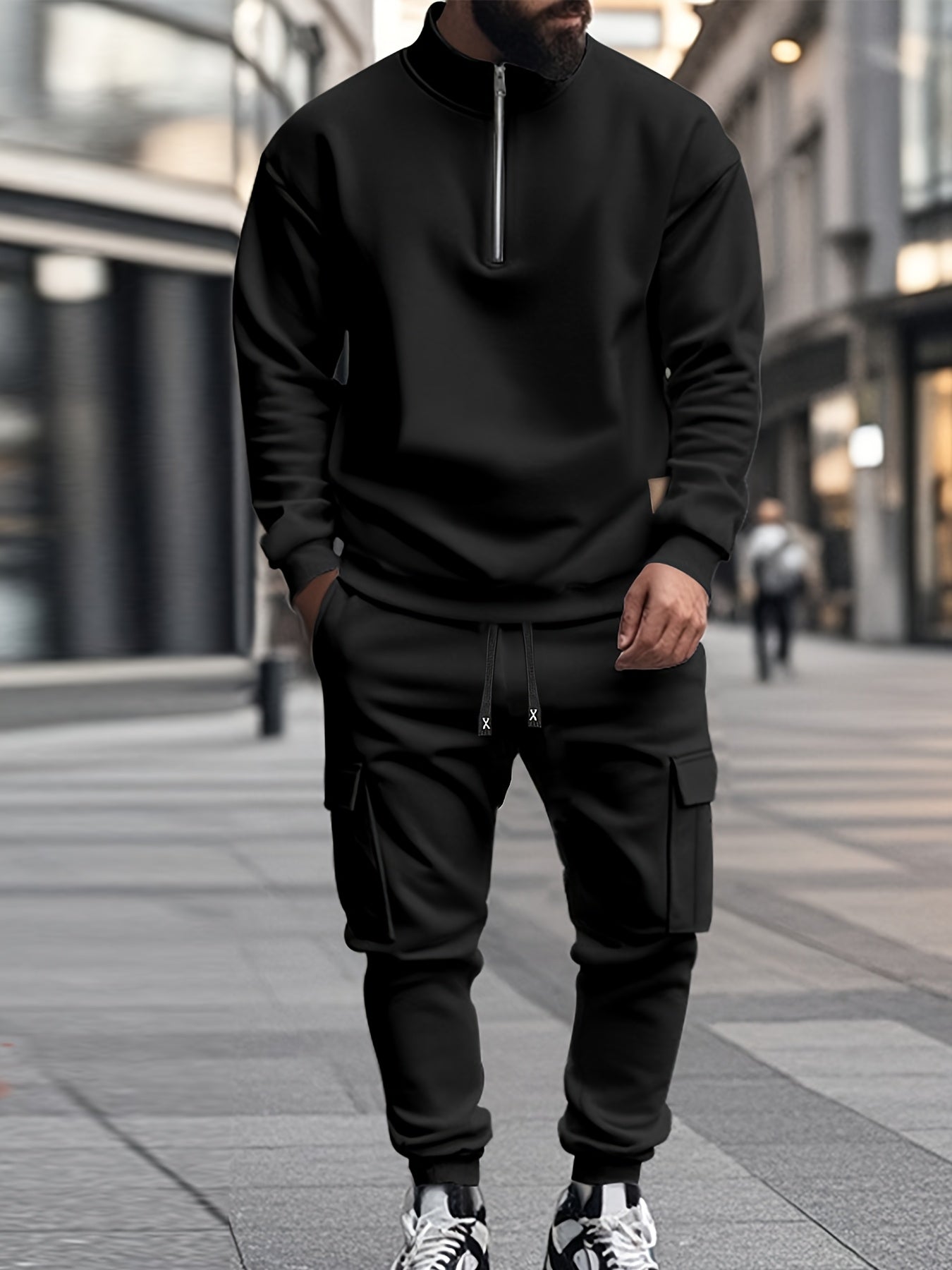 [Retro Casual Suit] Mens Fashionable Retro Casual Suit | Small Stand-up Collar Half-Zip Sweatshirt Plus Multi-Pocket Work Pants Set - Street Trendy Sports Suit Mens Outdoor Jogging Fitness Commuting All-Purpose Casual Sports