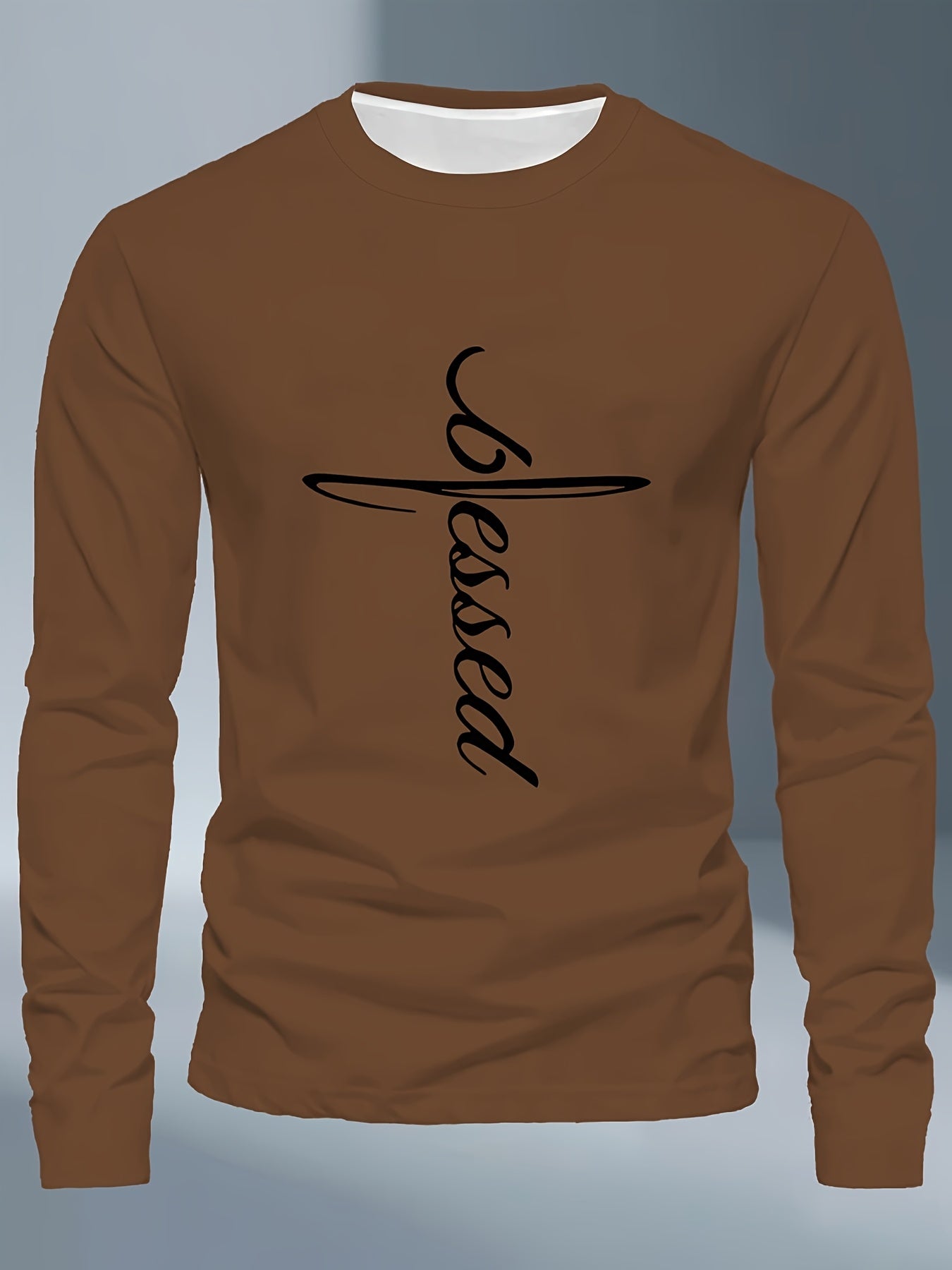 Men's Plus Size Long Sleeve T-Shirt - Dark Gray/Black Blessed Script & Cross - Soft Everyday & Formal Shirt - Machine Washable Casual Top for Religious Events Casual Attire, Event Apparel, Graphic Tee, Comfortable Fit, Comfor