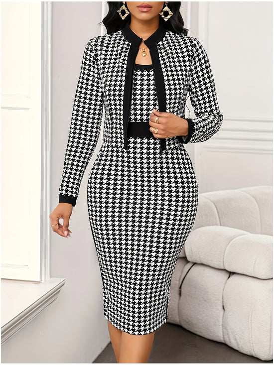Plus Size, Houndstooth Commuter Fashion Pencil Dress Set