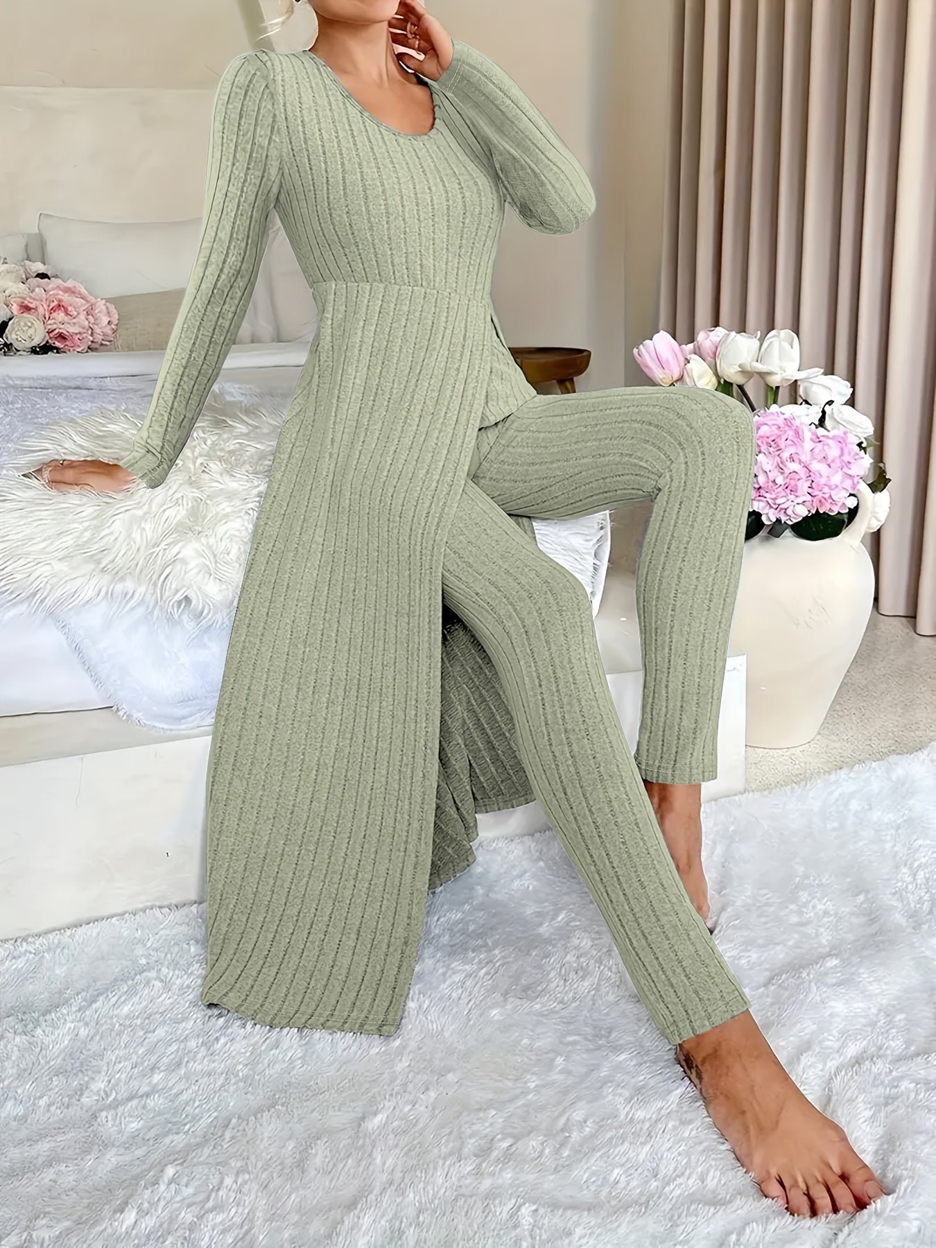 [Plaid Two-Piece] Two-Piece Set Round Neck Split Long Sleeve Top and Pants | Design Sensation with Plaid Spring/Autumn Style