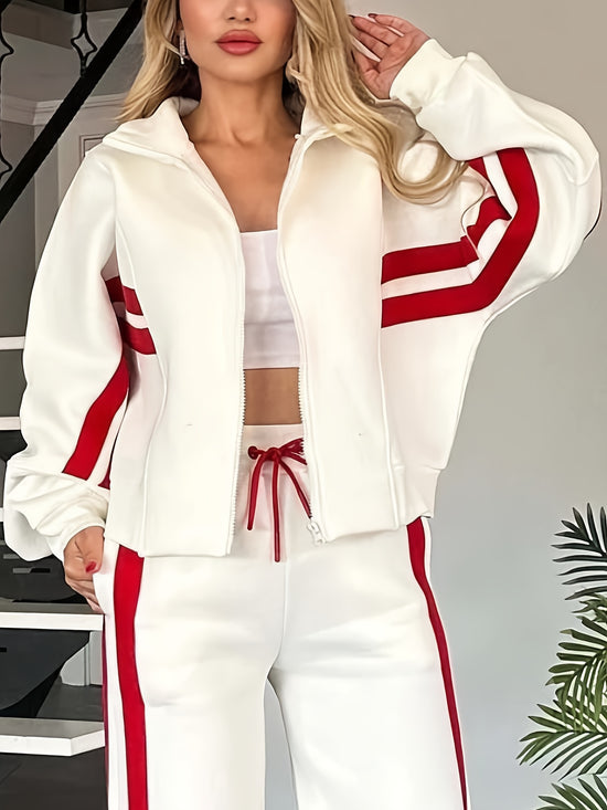 Plus Size Y2K Zipper Striped Top Coat, Drawstring Straight-leg Pants, Casual Sporty Set for Women, Comfortable And Fashionable Design, Suitable for Daily Wear, Jackets for Women, Jacket And Pants Set for Women