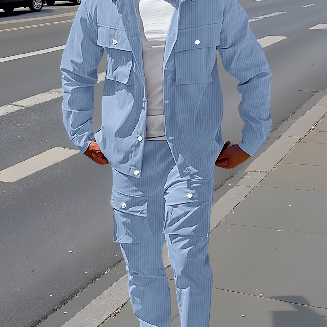 Large Size Men's Casual Long Sleeve Shirt and Trousers Set, PLUS SIZE