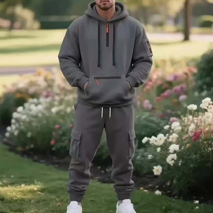 2pcs Men's Oversized Fleece Hooded Set - Heavyweight Warmth Breathable Fleece Jogger Tracksuit with Full-Zip Hoodie & Matching Pants, Grey/Black Casual Athletic Outfit for Gym, Outdoor, Casual Attire - Machine Washable, Round