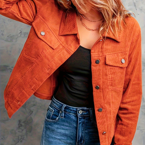 Corduroy Button Front Flap Pockets Jacket, Casual Long Sleeve Jacket For Spring & Fall, Women&
