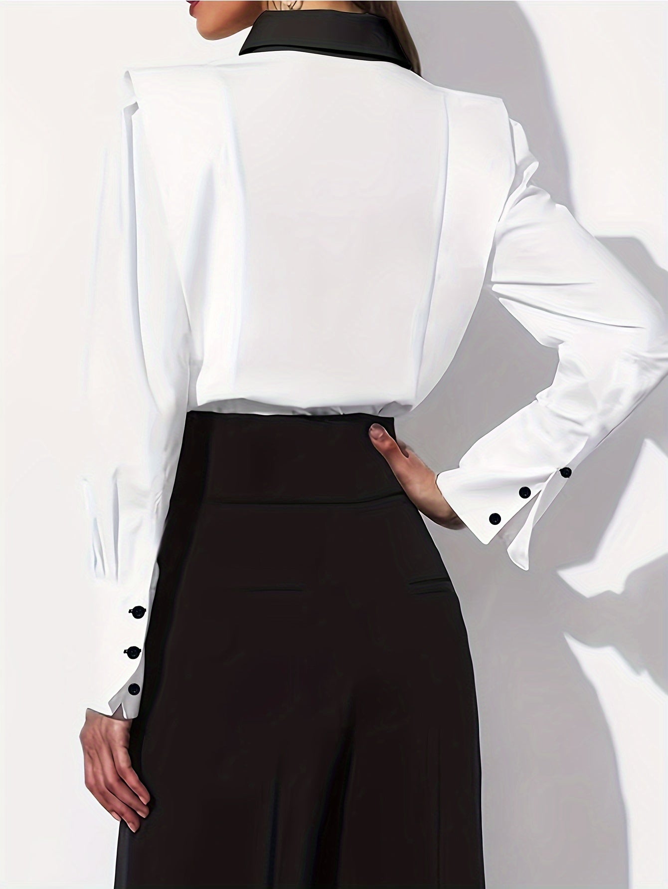 Women's Casual Contrast Trim Long Sleeve Shirt - Black & White Button-Up Blouse with Classic Collar, Semi-Sheer Fabric, Machine Washable, Elegant Office & Everyday Top, Versatile Fashion, Sophisticated Detailing