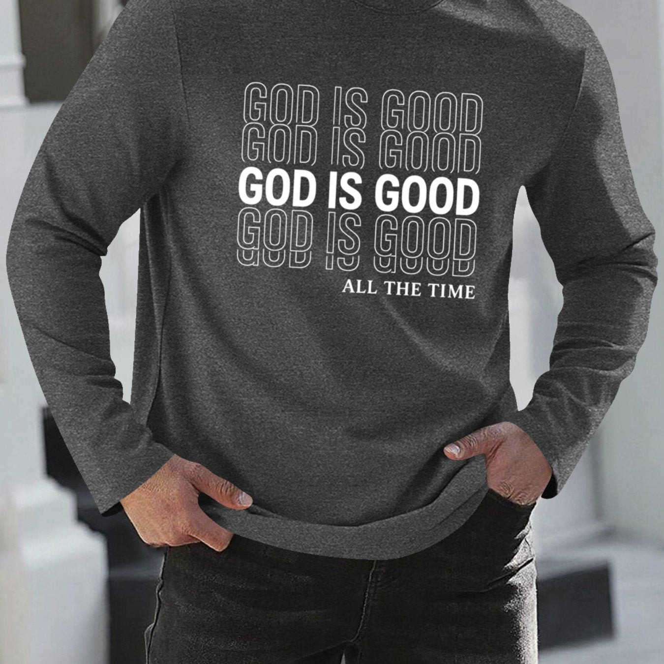 Men's Oversized Christian Faith T-Shirt with "God is Good All The Time" Print - Breathable Long Sleeve Casual Round Neck Shirt for Church, Casual Attire & Religious Events - Spring/Fall Comfort Fit (Adults & Teens) - Medium S