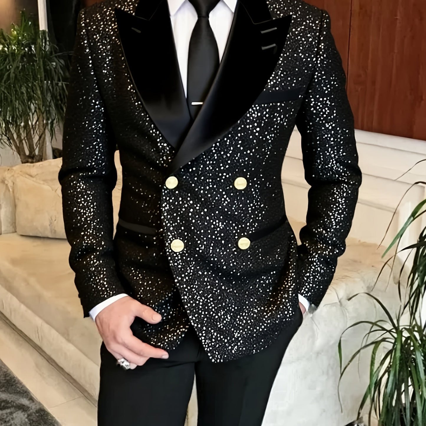 Plus Size Men's Shiny Sequin Embellished Double-Breasted Suit Jacket with Pointed Collar - Sparkling Party Wedding Gala Uniform Coat, Machine Washable Year-Round Formal Attire (No Dry Clean) - Luxury Tailoring for Men, PLUS S