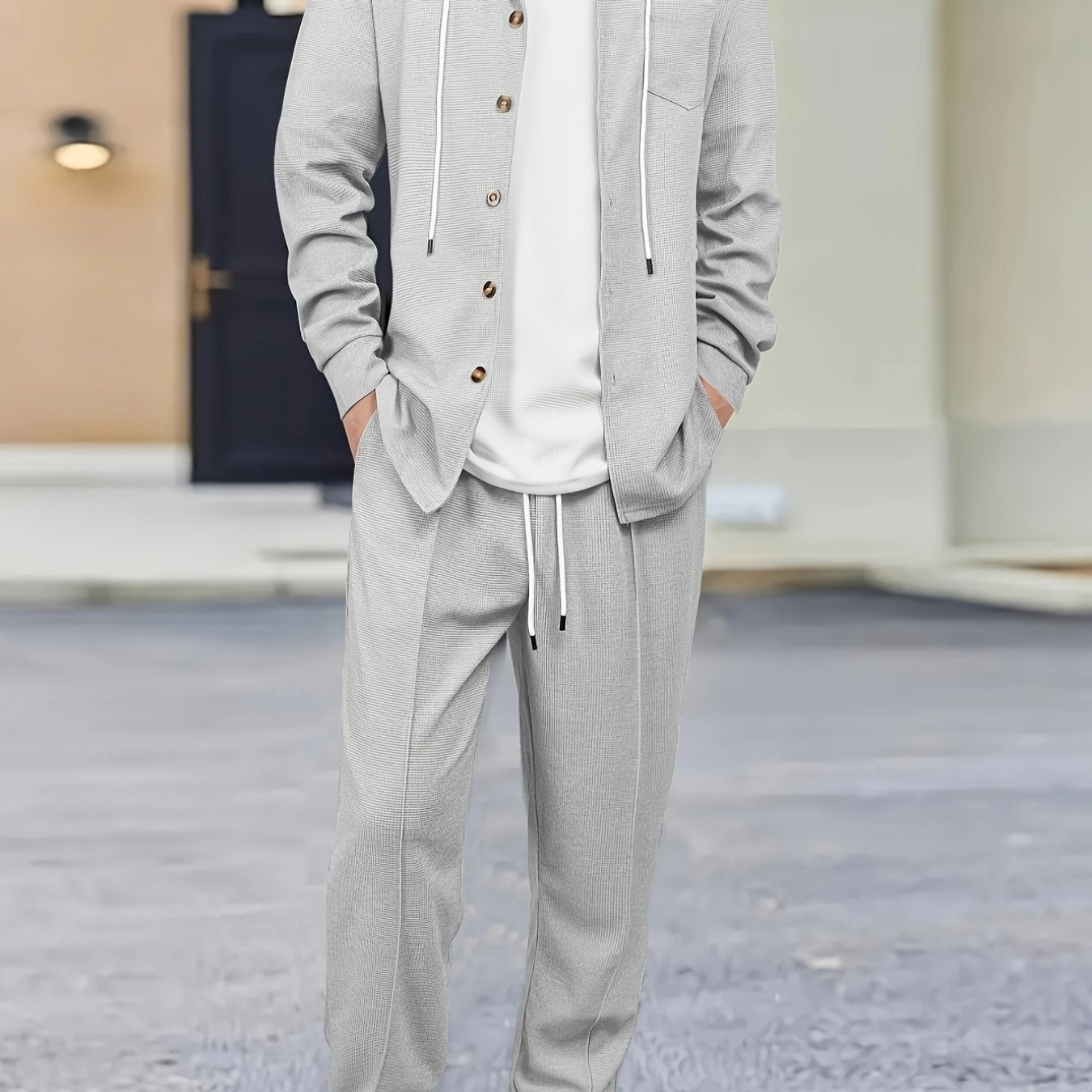 Men's Two-Piece Waffle Knit Set with Hooded Button-Up Cardigan and Drawstring Sweatpants Casual Wear Comfortable Outfit for Spring/Autumn