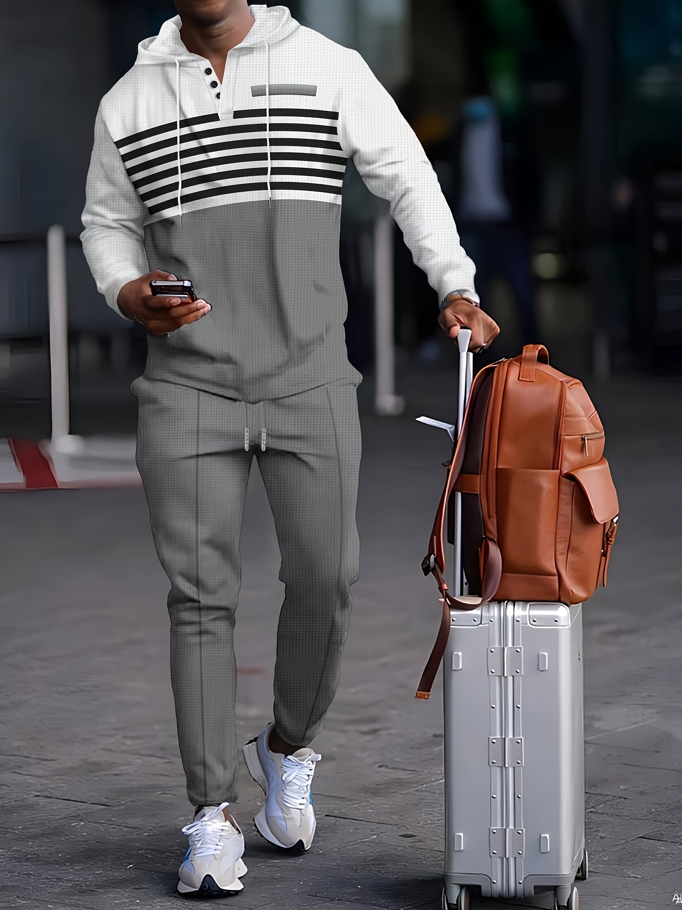 New Men's Casual Set Outdoor Versatile High Fashion Men's Hoodie Color blocked Striped Long Sleeve Top Long Pants Two Piece Set for Men