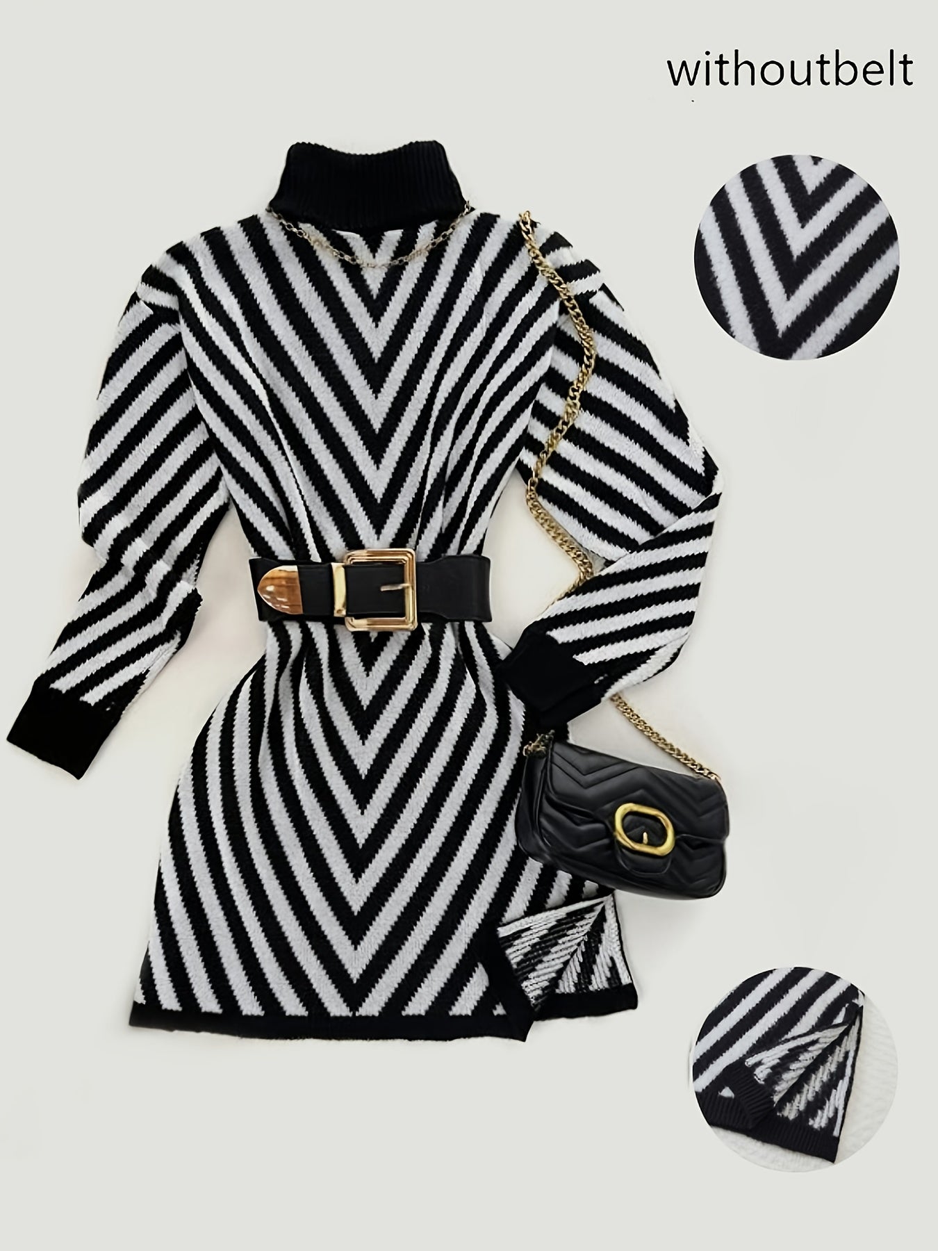 Women'S Elegant Long Sweater - Chic Black & White diagonal stripes, High Neck Longline Top for Fall/Winter, Office, Party, Everyday Outfits - No Belt Needed, Easy-Care Women'S Clothing, Ladies Sweaters, Winter Wardrobe, Drop