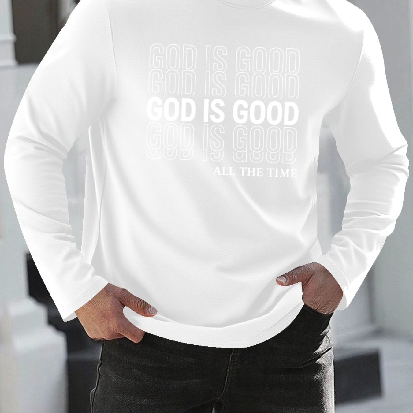 Men's Oversized Christian Faith T-Shirt with "God is Good All The Time" Print - Breathable Long Sleeve Casual Round Neck Shirt for Church, Casual Attire & Religious Events - Spring/Fall Comfort Fit (Adults & Teens) - Medium S