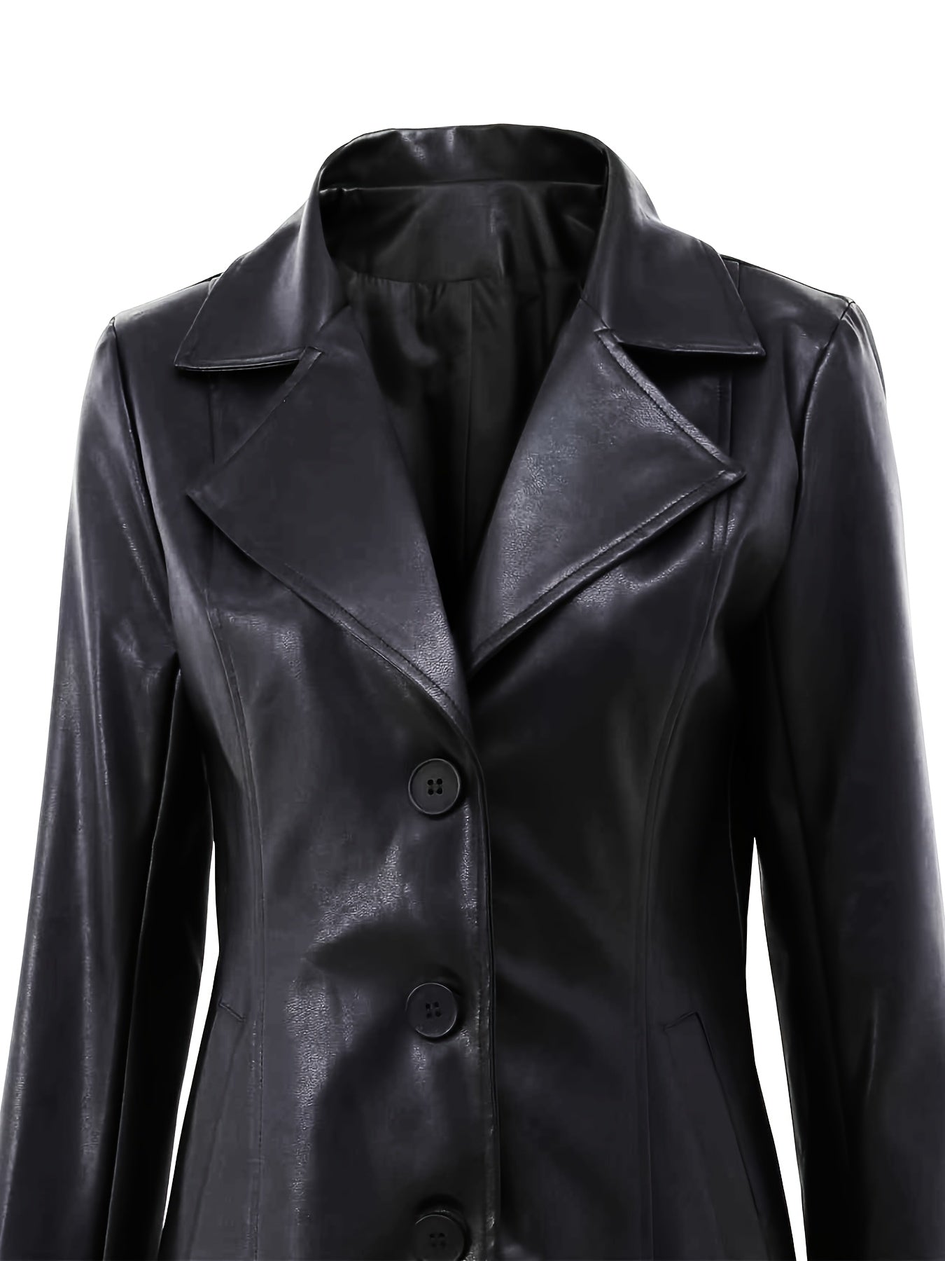 Leather Women's slim-fit jacket - elegant collar, mid-length outerwear with a single-button front closure, A-line cut, umbrella-shaped hem, suitable for casual and professional wear all year round, long sleeves