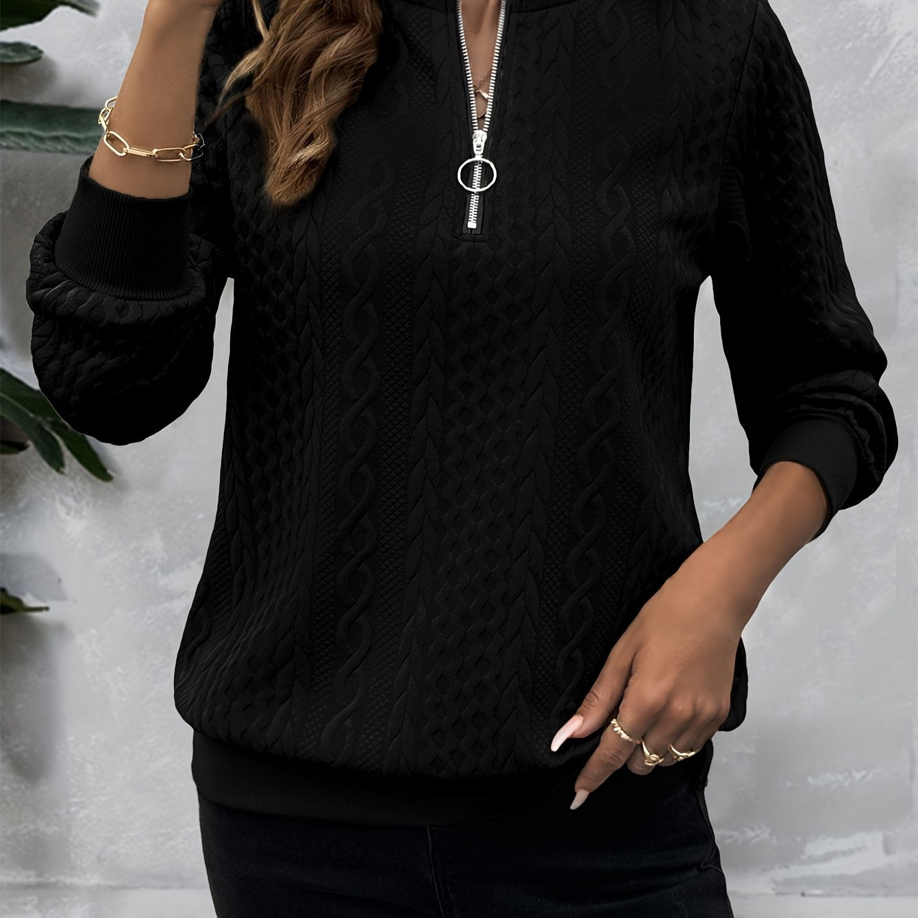 [Casual Sweatshirt] Casual Textured Half Zipper Pullover Sweatshirt | Women's Long Sleeve Sweatshirt For Fall & Spring
