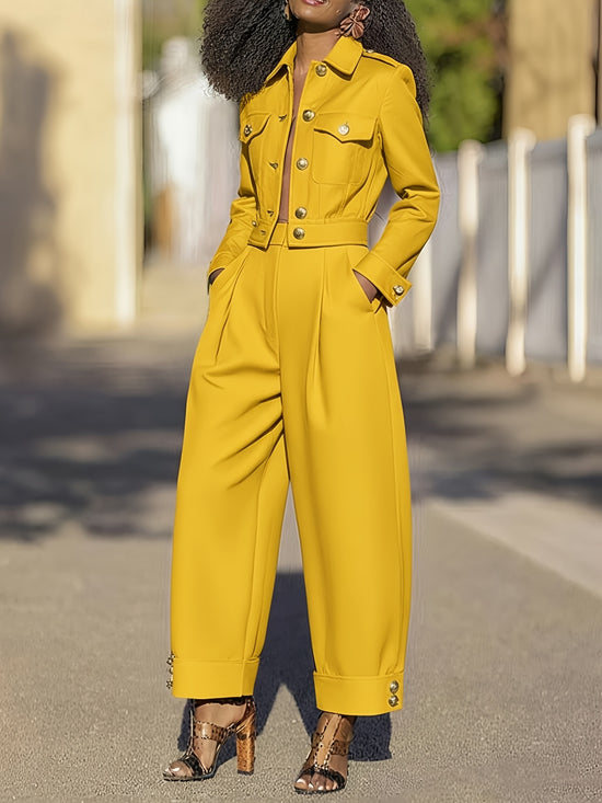 2pcs workwear-style wide-leg pants set with metal buckle decoration for women | Fashionable retro unisex design, suitable for everyday outings and casual social occasions