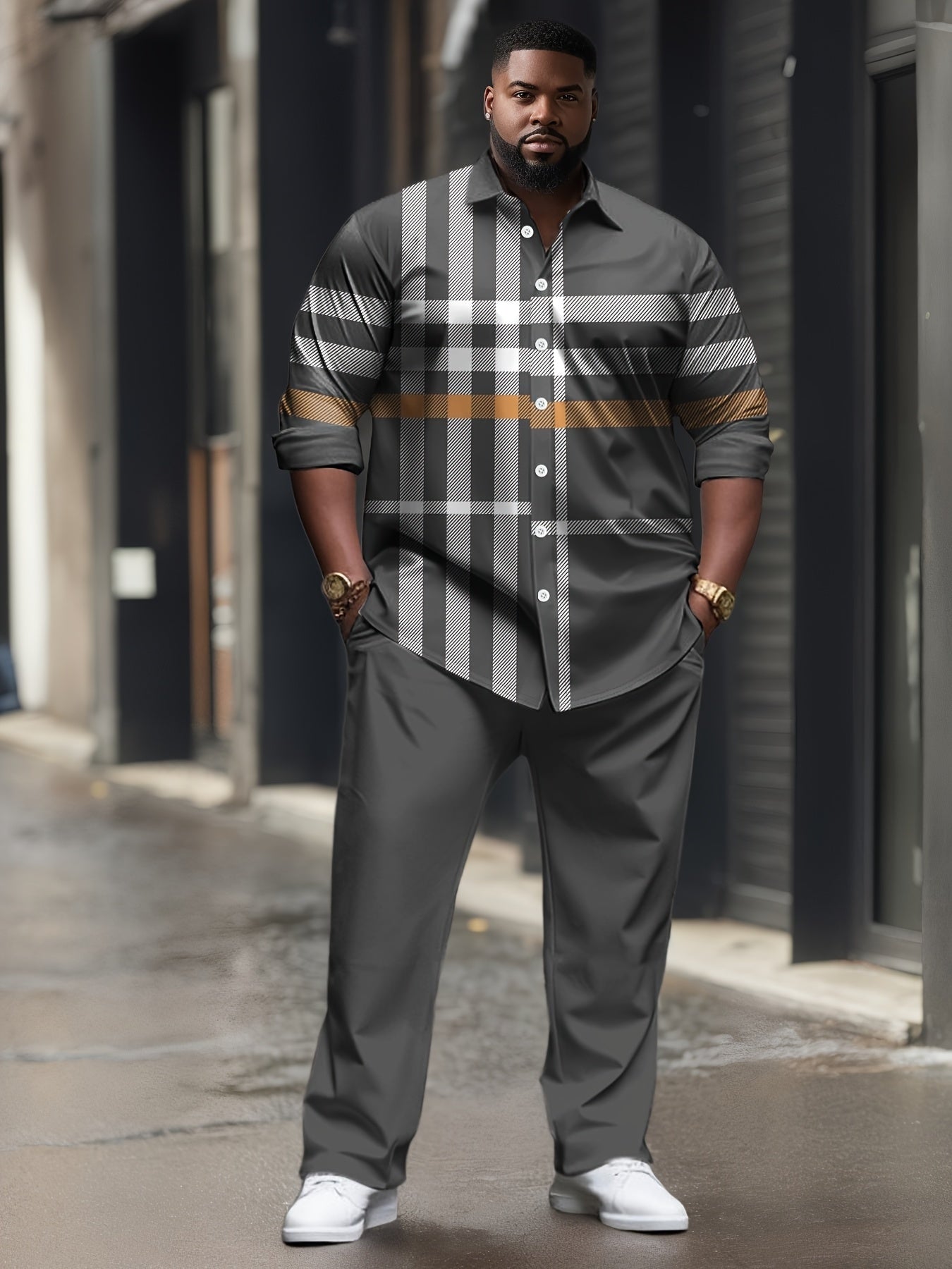 Men'S Plus Size Casual Sport Suit, Long Sleeve T-shirt + Long Pants Leisure Suit, Retro Sport Suit, Suitable for Daily Wear, PLUS SIZE