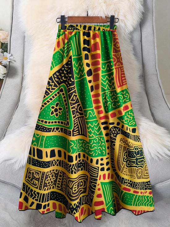 Plus Size A-Line Maxi Skirt | Tribal Print, Color Block, Elastic Waist, Non-Stretch Fabric