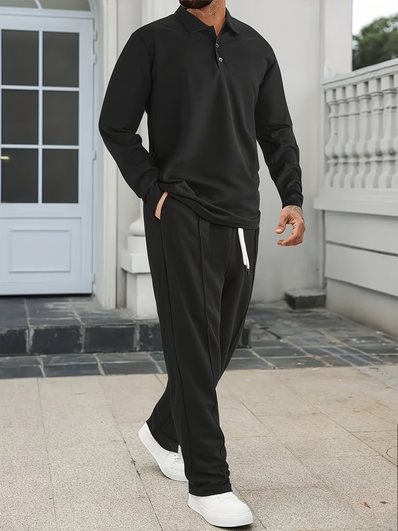 [Comfortable Men's Set] 2pcs Men's Long-Sleeve Shirt and Drawstring Pants Set - Clean, Comfortable, Breathable