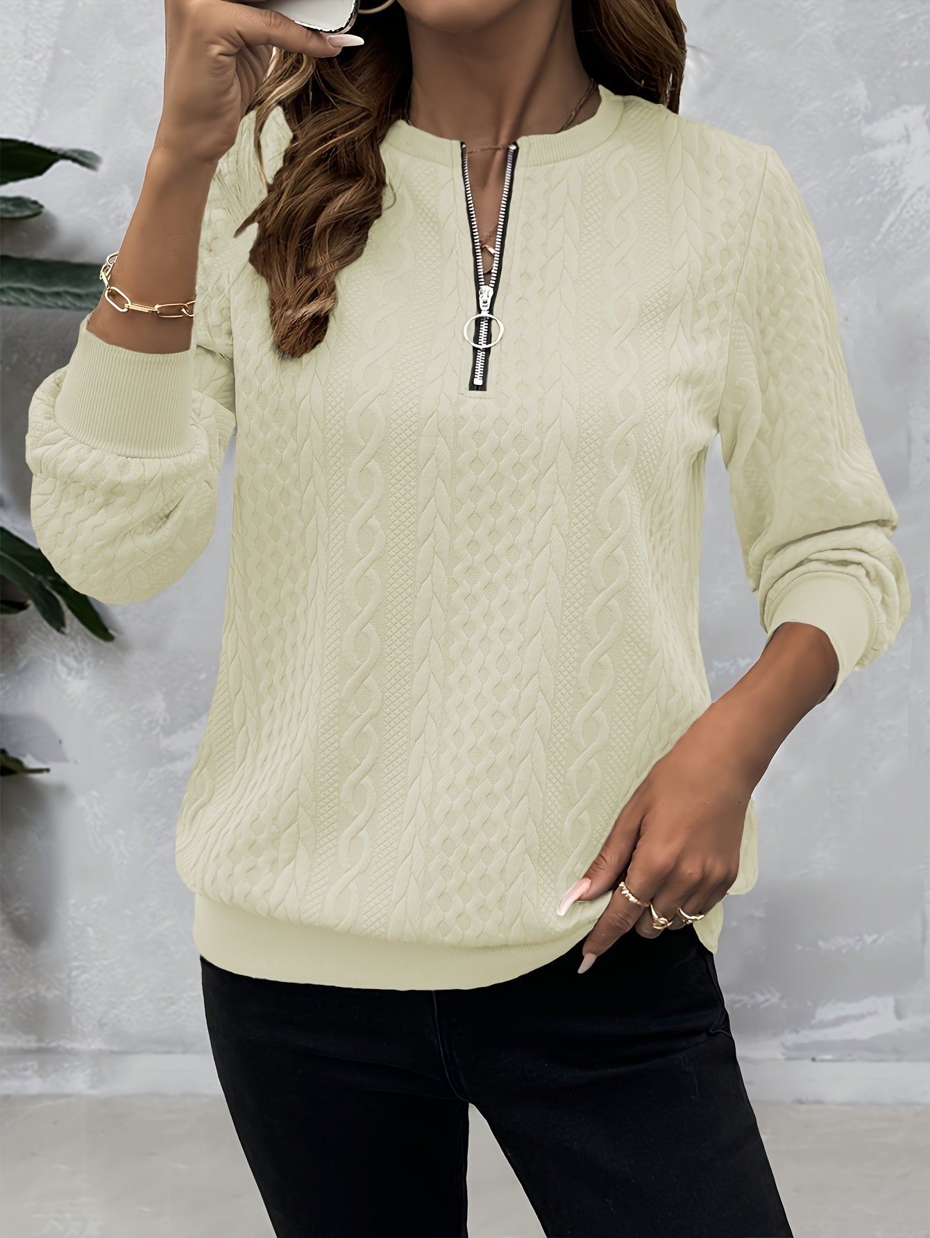 [Casual Sweatshirt] Casual Textured Half Zipper Pullover Sweatshirt | Women's Long Sleeve Sweatshirt For Fall & Spring