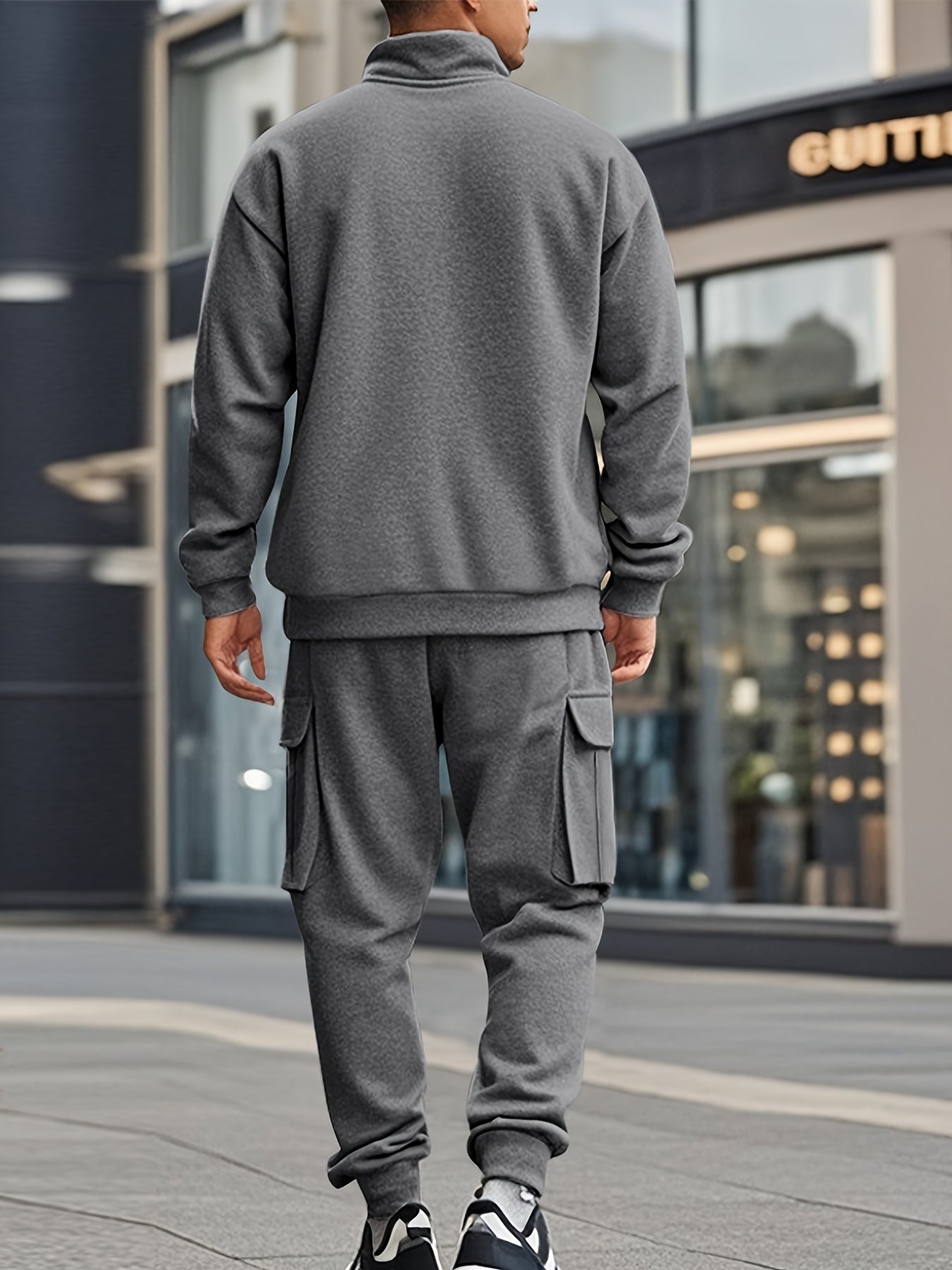 [Retro Casual Suit] Mens Fashionable Retro Casual Suit | Small Stand-up Collar Half-Zip Sweatshirt Plus Multi-Pocket Work Pants Set - Street Trendy Sports Suit Mens Outdoor Jogging Fitness Commuting All-Purpose Casual Sports