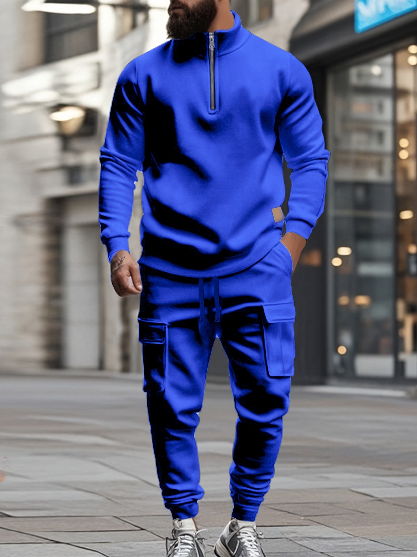 [Retro Casual Suit] Mens Fashionable Retro Casual Suit | Small Stand-up Collar Half-Zip Sweatshirt Plus Multi-Pocket Work Pants Set - Street Trendy Sports Suit Mens Outdoor Jogging Fitness Commuting All-Purpose Casual Sports