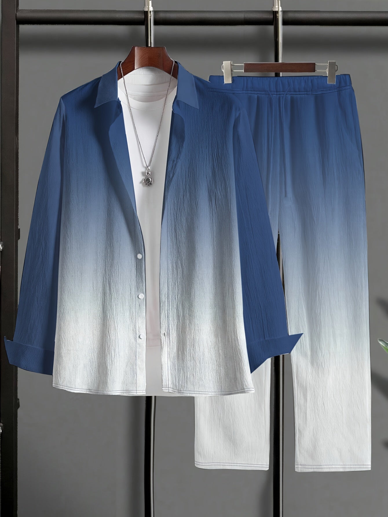 Men'S Plus Size Casual Knit Shirt and Pants Set - Light Blue Striped Pattern, Long Sleeve, Button-Up, Regular Fit with Pockets, Perfect for Casual Attire, Casual Attire|Striped Pattern|Knit Construction, PLUS SIZE