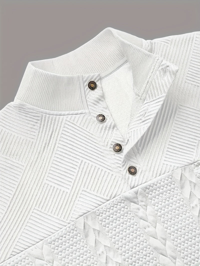 Men'S Jacquard Henley Shirt - Soft Stretch Long Sleeve Pullover with Button Front, Casual Knit Sweater for Fall/Winter, & Striped Design, Regular Fit Outdoor & Casual Attire, Winter Casual Wear | Striped Knitwear | Jacquard T