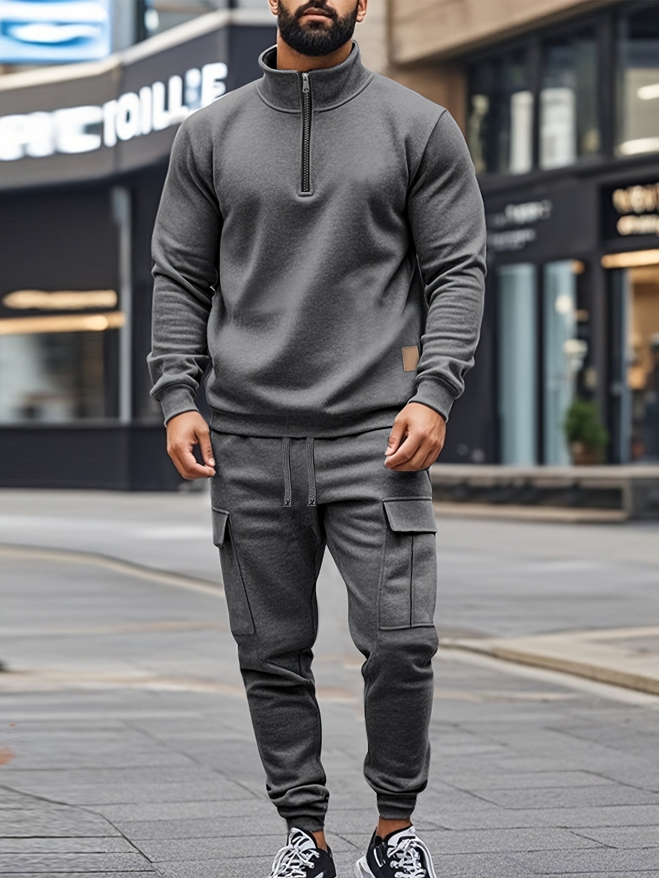 [Retro Casual Suit] Mens Fashionable Retro Casual Suit | Small Stand-up Collar Half-Zip Sweatshirt Plus Multi-Pocket Work Pants Set - Street Trendy Sports Suit Mens Outdoor Jogging Fitness Commuting All-Purpose Casual Sports