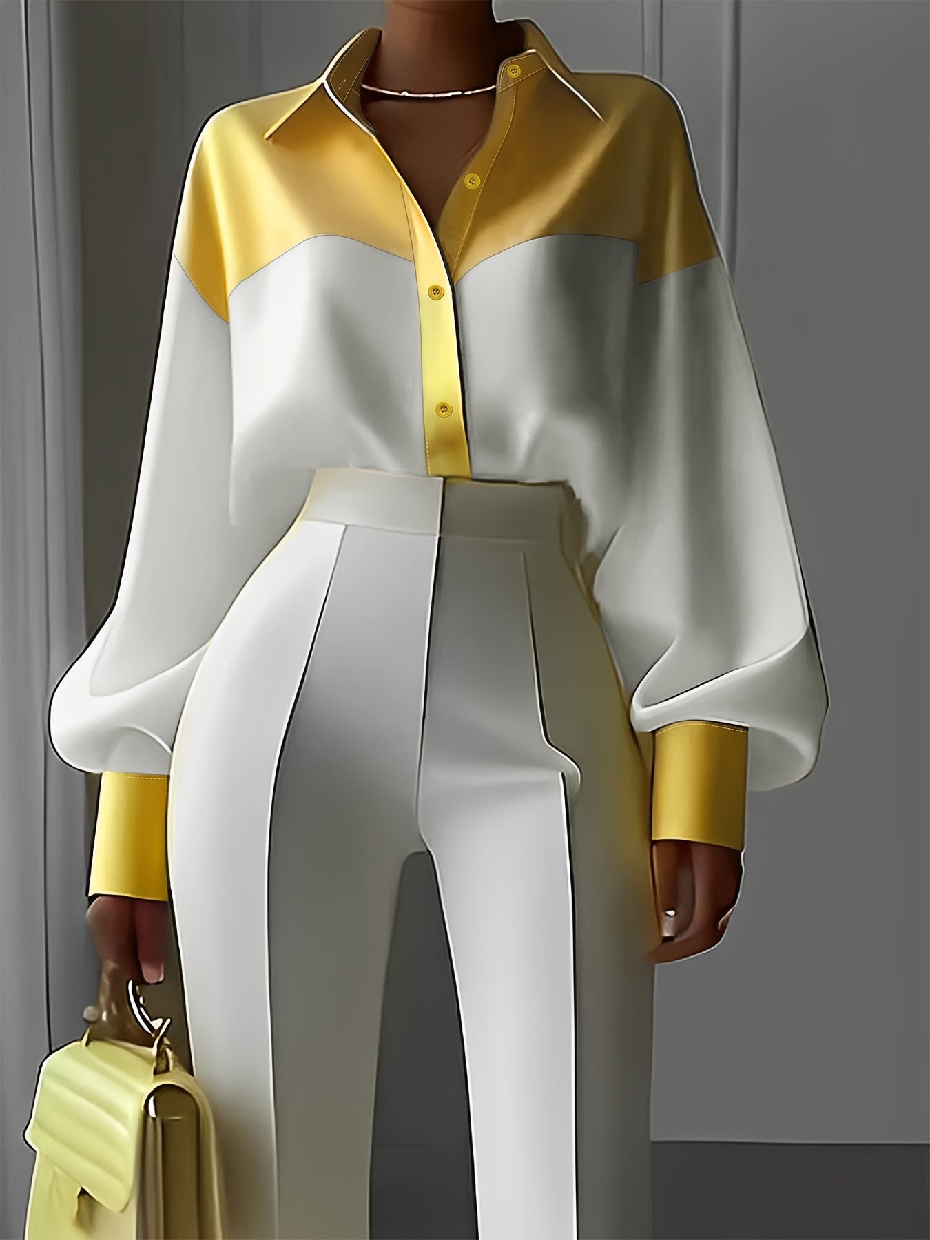 Solid Color Fashionable And Elegant Plain Lantern Sleeve Color-Blocked Shirt for Commuting And Outings LL425