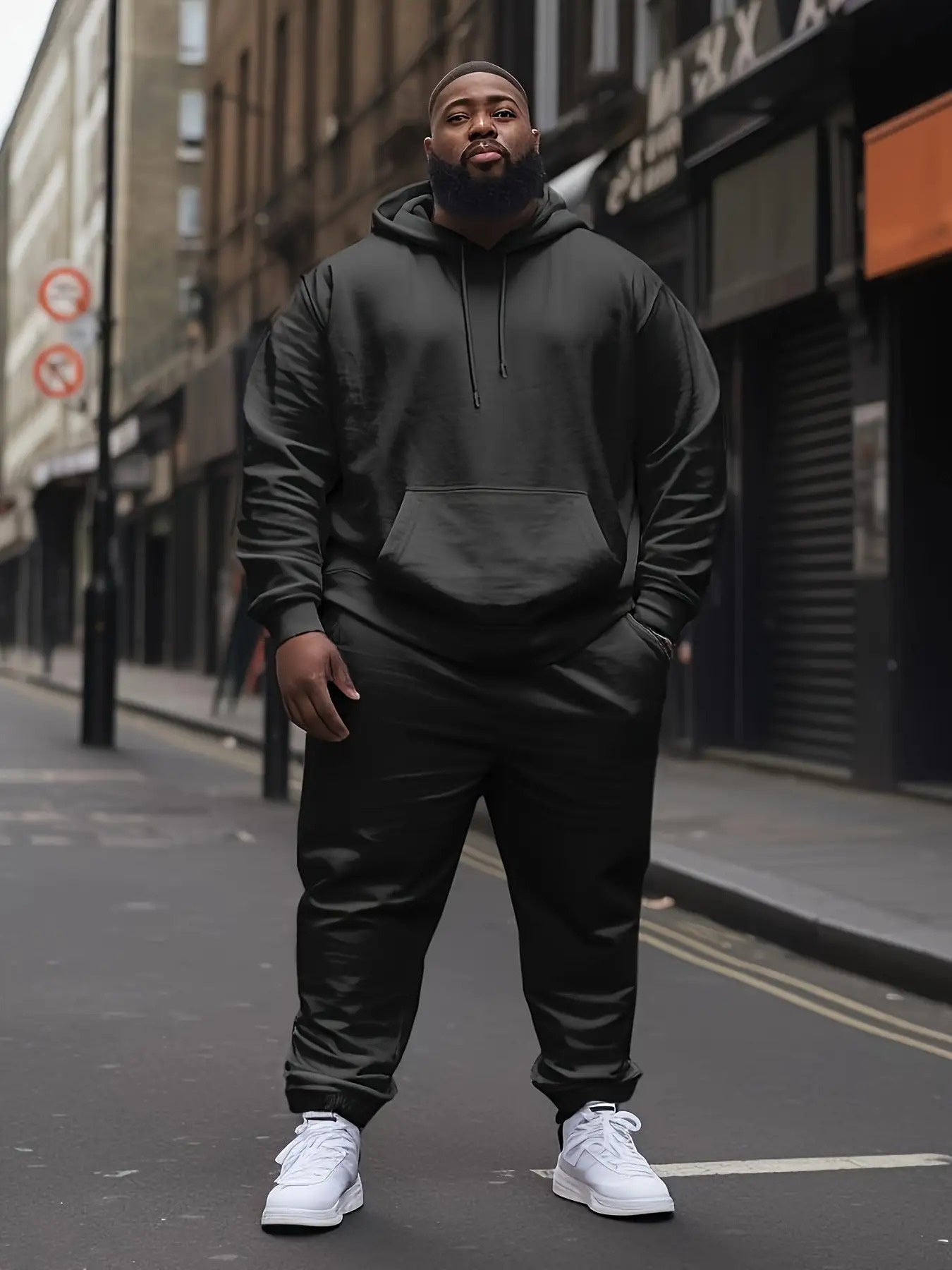 Men'S Plus Size Oversized Hooded Sweatshirt & Jogger Pants Set - Solid Full-Zip Hoodie with Drawstring Pants, Thick Warm-Retaining Fabric, Casual Athletic Wear for Gym, Everyday Winter Outfits - Comfortable & Stylish Winter C