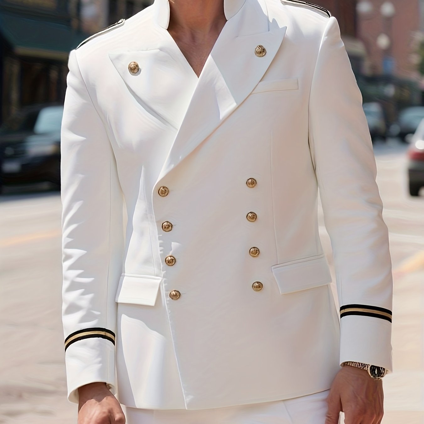 Plus Size Men's Double Breasted Blazer Jacket with Golden-Tone Buttons & Black Stripe Lapel - White -Style Coat, Notch Collar, Machine Washable, All-Season Tailored Fit for Weddings, Proms, Formal Events (No Shrinking), PLUS