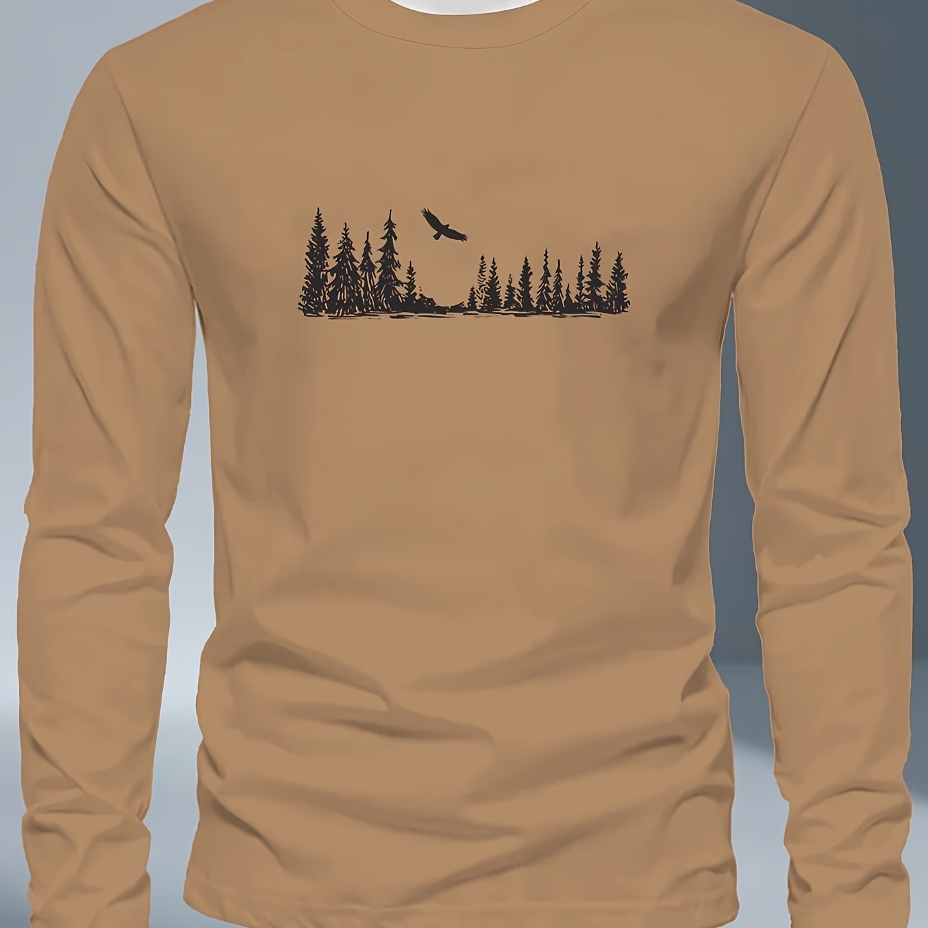 Men's Plus Size Long Sleeve T-Shirt - Navy Blue with Golden Pine Tree & Bird Design - Relaxed Fit Casual Everyday & Formal Wear - Machine Washable Graphic Tee, Durable Fabric Shirt, Versatile Top, Geometric Pattern, Comfortab